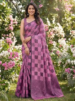 Sutriti - Women Purple and Pink Checkered Linen Blend Saree With Unstitched Blouse