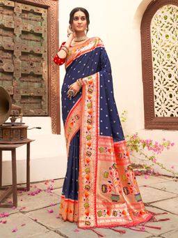Sutriti - Navy Blue Paithani Silk Saree With Unstitched Blouse