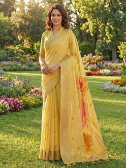 Sutriti - Women Mustard Yellow Printed Linen Silk Blend Saree With Unstitched Blouse