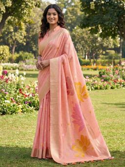 Sutriti - Women Peach Printed Linen Silk Blend Saree With Unstitched Blouse