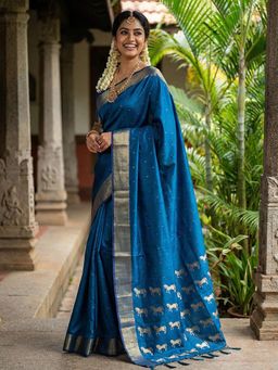 Sutriti - Peacock Teal Blue Soft Silk Saree With Unstitched Blouse