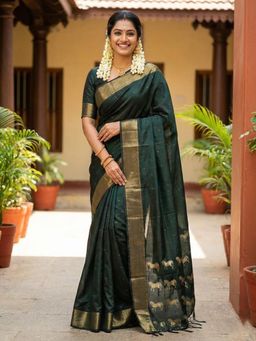 Sutriti - Dark Bottle Green Soft Silk Saree With Unstitched Blouse
