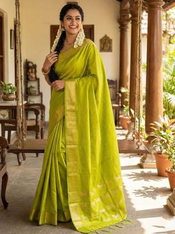 Sutriti - Lively Parrot Green Soft Silk Saree With Unstitched Blouse