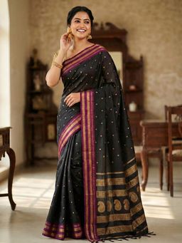 Sutriti - Midnight Luxurious Black Soft Silk Saree With Unstitched Blouse
