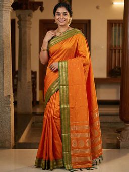 Sutriti - Sunset Glow Orange Soft Silk Saree With Unstitched Blouse