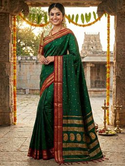 Sutriti - Emerald Dark Green Soft Silk Saree With Unstitched Blouse
