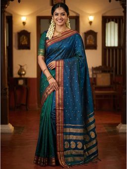 Sutriti - Peacock Hue Teal Blue Soft Silk Saree With Unstitched Blouse
