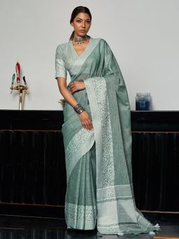 Sutriti - Women Teal Green Woven Design Linen Blend Saree With Unstitched Blouse
