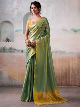 Sutriti - Women Turquoise Solid Tissue Silk Saree With Unstitched Blouse