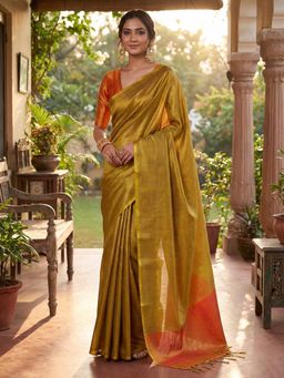 Sutriti - Women Mustard Solid Tissue Silk Saree With Unstitched Blouse