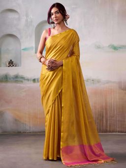 Sutriti - Women Mustard Solid Tissue Silk Saree With Unstitched Blouse
