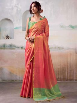 Sutriti - Women Coral Peach Solid Tissue Silk Saree With Unstitched Blouse