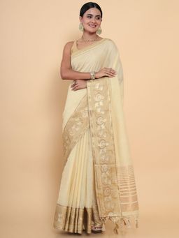 Mimosa - Women Traditional Kasavu Linen Beige Saree with Unstitched Blouse