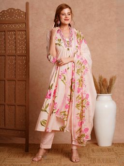 FASHOR - Printed & Embroidered A-Line Panelled Kurta With Pant And Dupatta - Peach (Set of 3)