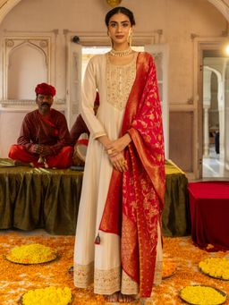 FASHOR - Cream Embroidered Anarkali Maxi Dress with Brocade Dupatta (Set of 2)