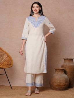 FASHOR - Off White Floral Embroidered Straight Fit Co-Ord (Set of 2)
