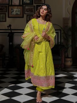 FASHOR - Sequin Embroidered Anarkali Kurta With Pant And Organza Dupatta - Lime Green (Set of 3)