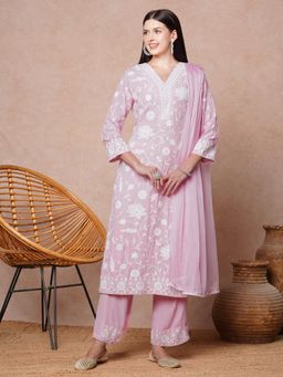 FASHOR - Women Purple Embroidered Kurta with Pant and Dupatta (Set of 3)