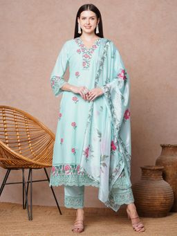 FASHOR - Women Aqua Floral Kurta with Pant and Dupatta (Set of 3)