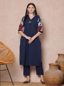 FASHOR - Navy Blue Floral Thread Embroidered A-Line Pleated Kurta & Pant (Set of 2)