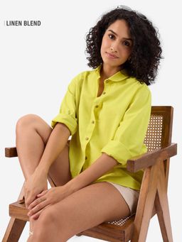 The Souled Store - Cotton linen Lime Yellow Women Shirt