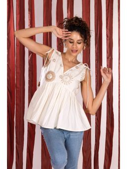 Jiraazi - Celestial Harmony Tie Up Cotton Ivory Top