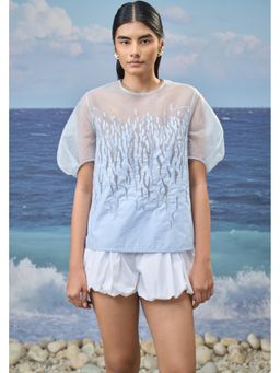 Genes Lecoanet Hemant - Women's Blue Embroidered Puff-Sleeve Poplin & Organza Top