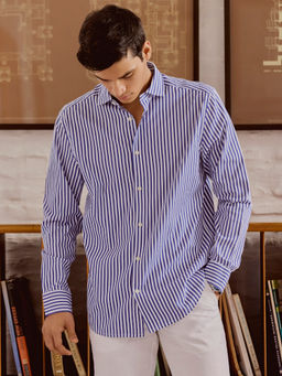 Andamen - Men Blue Full Sleeve Cutaway Slim Fit Casual Shirt