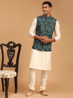 Vastramay - Men Green And Cream Viscose Jacket, Kurta And Pyjama (Set of 3)