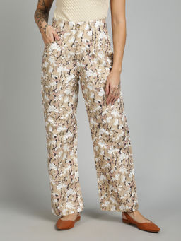 KOTTY - Womens Beige High-Rise Cotton Blend Floral Printed Trouser