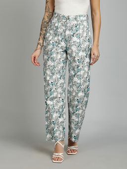 KOTTY - Womens Grey High-Rise Cotton Blend Floral Printed Trouser