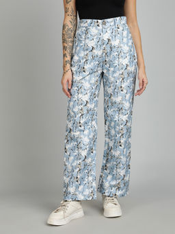 KOTTY - Womens Blue High-Rise Cotton Blend Floral Printed Trouser