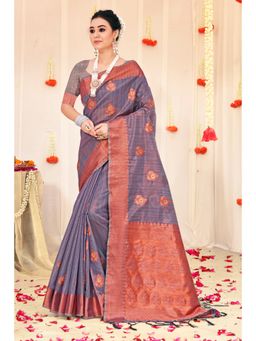 Sangam Prints - Grey Organza Woven Zari Work Traditional Tassel Saree with Unstitched Blouse