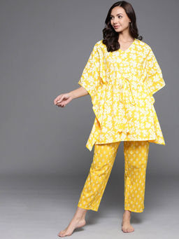 Libas - Yellow Printed Cotton Kaftan Kurta with Pajama