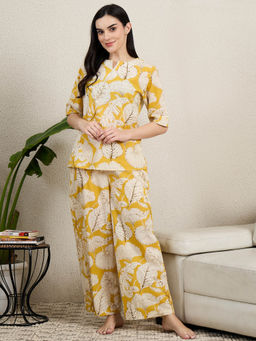 July Nightwear - Cotton Yellow Floral Printed Top and Pajama For Women