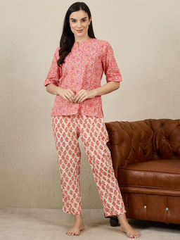 July Nightwear - Cotton Red Floral Printed Top with Pajama