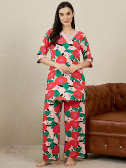 July Nightwear - Rayon Red Floral Printed Kurti with Pajama