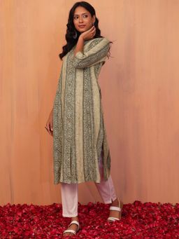 Indya - Grey Bandhani and Foil Print Rayon Straight Kurta