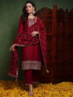Vaamsi - Women Maroon Silk Embroidered Straight Kurta with Pant and Dupatta (Set of 3)