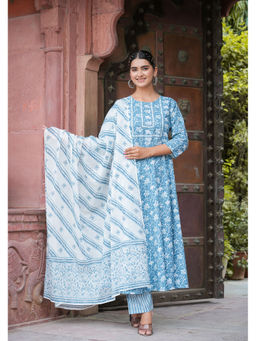 Yash Gallery - Womens Floral Printed Anarkali Kurta With Pants & Dupatta Blue (Set of 3)