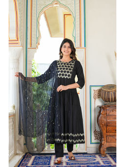 Yash Gallery - Womens Black Embroidered Tiered Kurta With Dupatta Black (Set of 3)