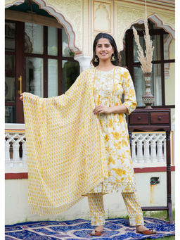 Yash Gallery - Womens Floral Embroidered Anarkali Kurta with Pant & Dupatta Yellow (Set of 3)