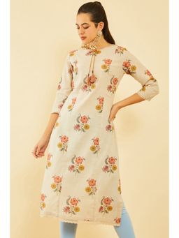 Soch - Women Beige Linen Floral Print Kurta