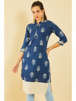 Soch - Women Indigo Cotton Floral Print Kurta