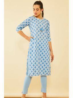Soch - Women Blue and Off White Cotton Embroidered Kurta