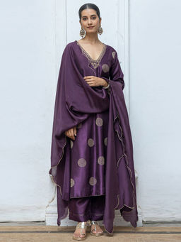 Ganga Fashions - Deep Purple Embroidered Kurta with Palazzo and Dupatta (Set of 3)