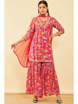 Soch - Women Pink Cotton Floral Print Kurta with Sharara and Dupatta (Set of 3)