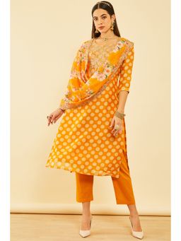 Soch - Women Mustard Chanderi Embroidered Kurta with Pant and Dupatta (Set of 3)