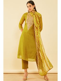 Soch - Women Mustard Chanderi Bandhani Print Kurta with Pant and Dupatta (Set of 3)
