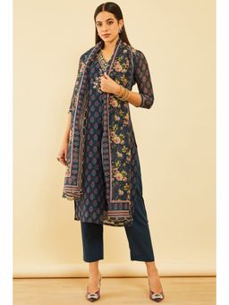Soch - Women Teal Blue Chanderi Floral Print Kurta with Pant and Dupatta (Set of 3)